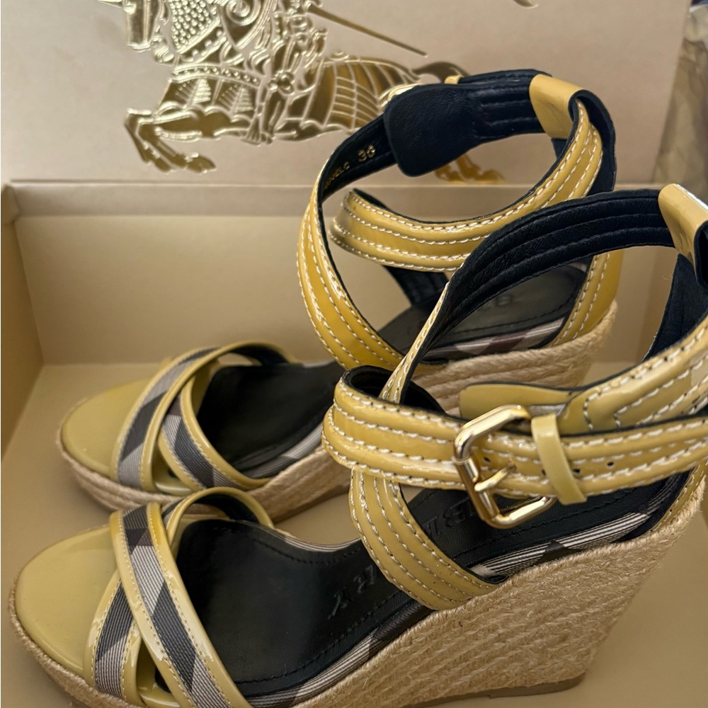Burberry Yellow and Navy Striped Espadrille Wedge Sandals